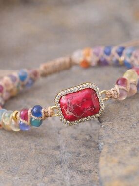 Boho Gemstone Bracelet Gold Accent Multicolour Beads Adjustable Handmade NWT